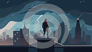 The stoic person stands on a rooftop facing a city skyline as a storm brews in the darkening sky.. Vector illustration. photo