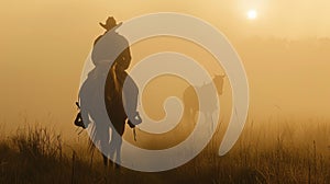 A stoic silhouette of a cowboy leading his trusty steed through the misty morning air photo