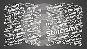 Stoicism Word Cloud. Conceptual summary of stoic principles like virtue, control, balance, and wisdom for self-awareness and photo