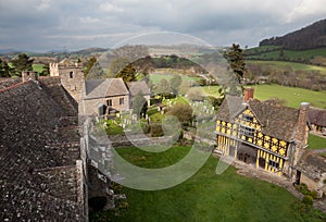 Stokesay Castle in Shropshire on cloudy day