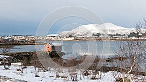 Stokmarknes and Hadsel Strait in Norway in winter