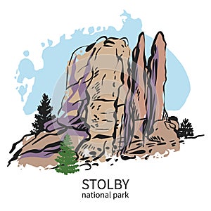 Stolby, national park in Siberia. Feathers rock. Hand drawn vector illustration