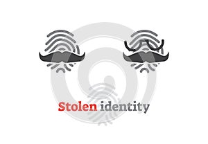Stolen identity concept icon. Vector illustration with fingerprint and fake mustache. Digital safety sign.