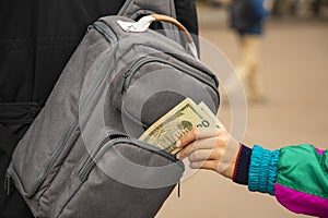 Stolen money from bag woman criminal person outdoor photography crime action concept