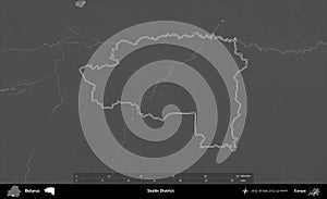 Stolin District outlined, Belarus. Grayscale