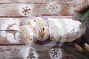 Stollen German Christmas cake cut on the table top view