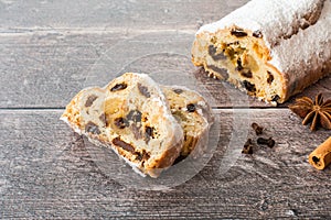 Stollen with Marzipan on Dark Brown Rustic Weathered Wood