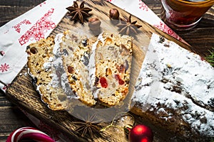 Stollen traditional Christmas ftuitcake with dried fruit and nut