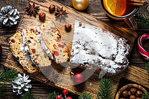 Stollen traditional Christmas ftuitcake with dried fruit and nut