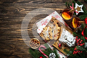 Stollen traditional Christmas ftuitcake with dried fruit and nut