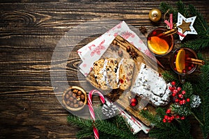 Stollen traditional Christmas ftuitcake with dried fruit and nut