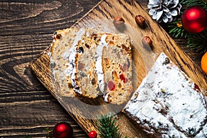 Stollen traditional Christmas ftuitcake with dried fruit and nut