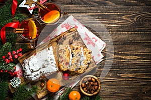 Stollen traditional Christmas ftuitcake with dried fruit and nut