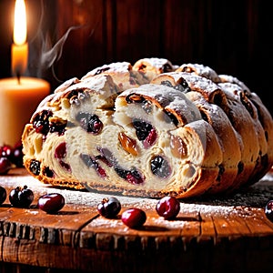 Stollen, traditional popular sweet dessert cake, christmas bread food photo