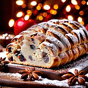 Stollen, traditional popular sweet dessert cake, christmas bread food photo