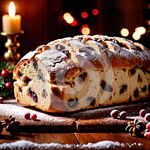 Stollen, traditional popular sweet dessert cake, christmas bread food photo