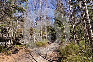 Stolowe Mountains National Park. Path in Rock Labyrinth hiking trail Bledne Skaly. Errant Rocks in Sudetes Mountains near Kudowa-