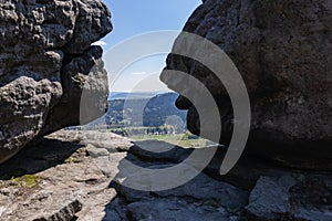 Stolowe Mountains National Park. Path in Rock Labyrinth hiking trail Bledne Skaly. Errant Rocks in Sudetes Mountains near Kudowa-