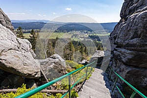 Stolowe Mountains National Park. Path in Rock Labyrinth hiking trail Bledne Skaly. Errant Rocks in Sudetes Mountains near Kudowa-