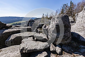 Stolowe Mountains National Park. Path in Rock Labyrinth hiking trail Bledne Skaly. Errant Rocks in Sudetes Mountains near Kudowa-