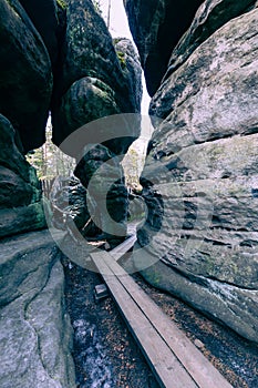 Stolowe Mountains National Park. Path in Rock Labyrinth hiking trail Bledne Skaly. Errant Rocks in Sudetes Mountains near Kudowa-