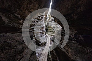 Stolowe Mountains National Park. Path in Rock Labyrinth hiking trail Bledne Skaly. Errant Rocks in Sudetes Mountains near Kudowa-