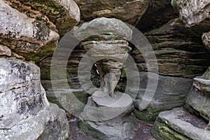 Stolowe Mountains National Park. Wooden boardwalk in Rock Labyrinth hiking trail Bledne Skaly near Kudowa-Zdroj, Lower Silesia,