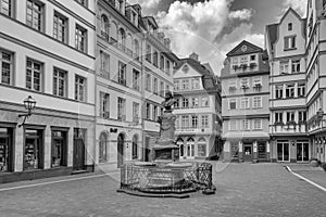 Stoltze fountain at the chicken market in the reconstructed historic old town, Frankfurt, Germany