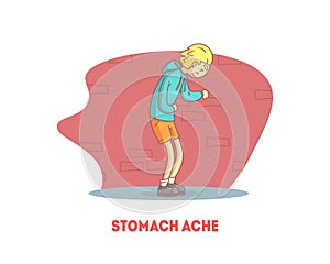 Stomach Ache Banner Template, Boy Suffering from Abdominal Pain Vector Illustration