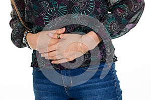 Stomach ache colly woman suffering from abdominal pain