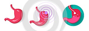Stomach ache pain icon, endoscope gastroscopy examination, digestive gastric colonoscopy technology logo flat 3d cartoon graphic