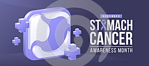 Stomach cancer awareness month - Text and Periwinkle 3D stomach icon block symbol and cross plus sign around on dark purple