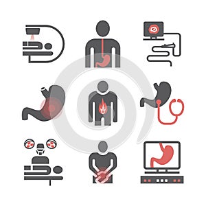 Stomach cancer icons. Symptoms and diagnosis. Medical infographics.