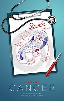 Stomach Cancer and infection, Doctor writing and hand sketch drawing on paper chart with pad, pen and stethoscope, Medical Science