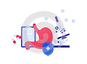 Stomach check and gastrology concept. Vector flat illustration. Digestive system, microscope, pill medicine and shield protection