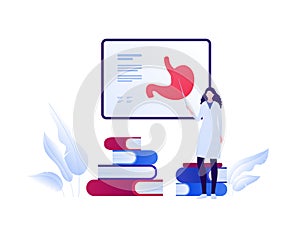 Stomach check and gastrology concept. Vector flat people illustration. Digestive system, board and flipchart symbol. Female doctor
