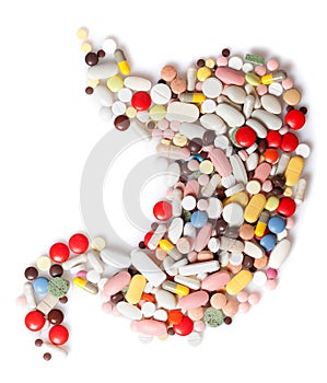 Stomach from colored pills, tablets and capsules photo