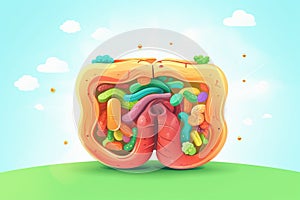 Stomach. Cute cartoon healthy human anatomy internal organ character set with brain lung intestine heart kidney liver