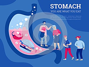 Stomach and digestive system medical banner cartoon vector illustration.