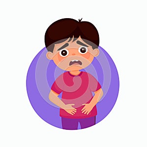 Stomach disease, intestinal disorder. Sick child holding belly. Isolated Vector illustration.
