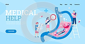 Stomach diseases medical care website with cartoon people vector illustration.