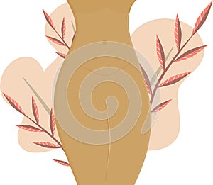 Stomach with a healed scar after cesarean section. In the background, leaves in soft colors. Vector illustration in flat