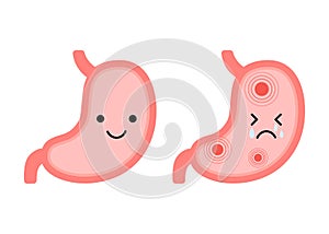 Stomach organ happy healthy and sad suffering sick characters. Check health of stomach. Unhealthy gastric, gastritis