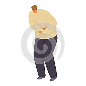 Stomach sick symptom, male character crouched hold belly, health gastroenterological problem isolated on white, cartoon