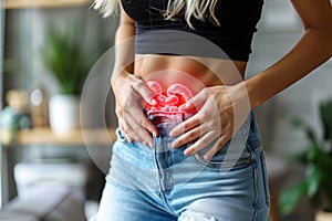 Stomach ulcer, woman with abdominal pain suffering on a gray background, symptoms of gastritis, diseases of the digestive system,