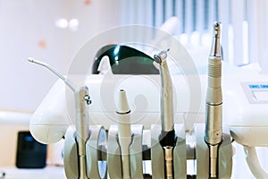 Stomatological tool kit. Closeup hightech Dentist equipments