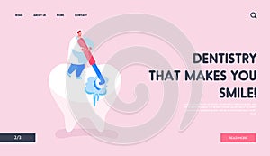 Stomatology Clinic Care Service, Dentistry Landing Page Template. Tiny Dentist Doctor Character