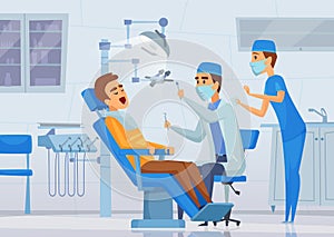 Stomatology clinic. Medical stuff dentists specialists working in diagnostic cabinet vector healthcare concept cartoon