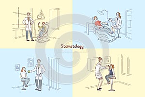 Stomatology clinic, people at dentist office, stomatologist examining patient teeth, child visit pediatrician banner