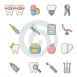 Stomatology dental icons set, cartoon style